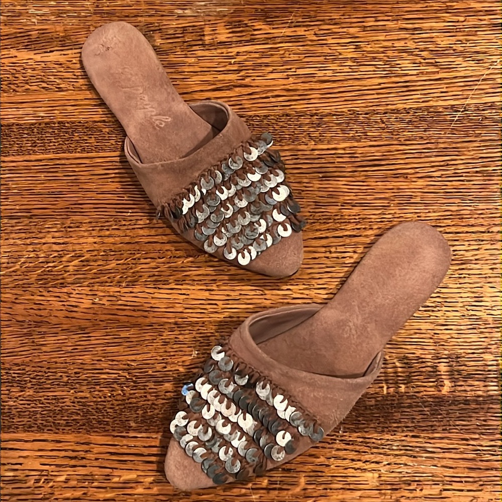 Free People Moroccan Sunset Slip-On Flat Size 37 Brown Suede + Silver Medallions
